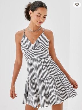 American Eagle Outfitters Black & White Striped V-Neck Sundress small